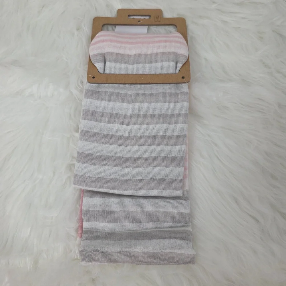 Pink, Gray and White Striped Scarf with frayed Hem